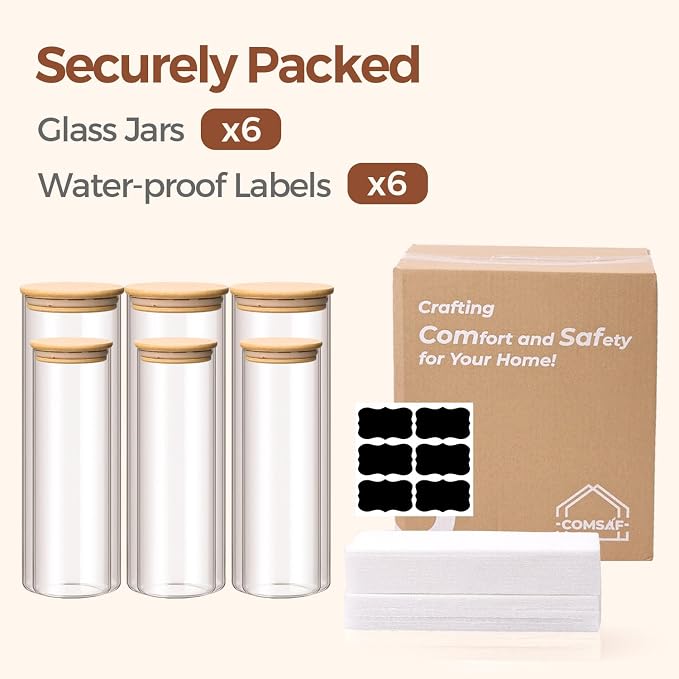 ComSaf Pasta Containers Storage 2 Qt/1.1Qt, 6 Pack Tall Glass Spaghetti Jar | Glass Storage Containers wtih Lids, Kitchen Canisters,Pantry Pasta Holder, Noodles, Cereal, Oats, Dry Food Storage, BPA Free