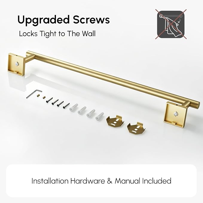 Brushed Gold Towel Bar, 18 Inch Towel Racks for Bathroom | Thicken 304 Stainless Steel Towel Holder with Square Base, Towel Rod Wall Mounted, Modern Home Decor (Total Length 20 Inch)