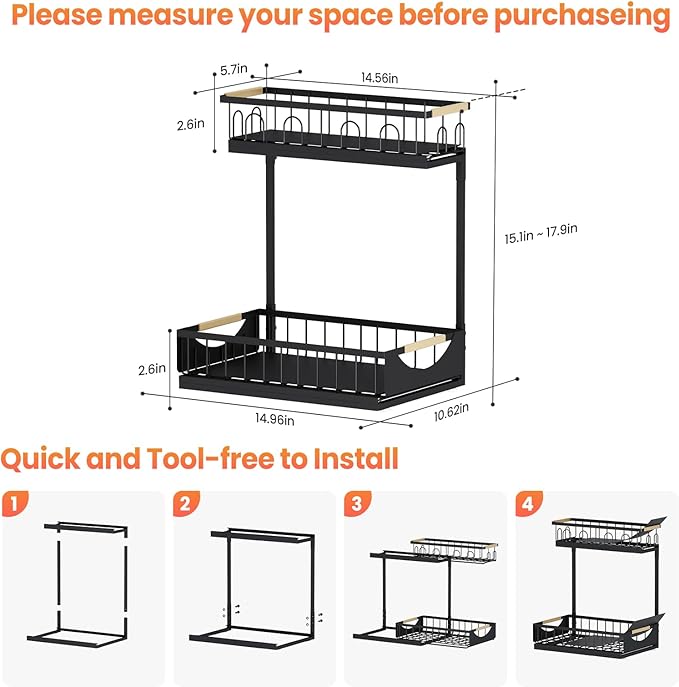 Under Sink Organizer and Storage 2 Tier Cabinet Pull Out Shelf Organizers | 2 Pack 2 Tier under sink storage for Bathroom and Kitchen Slide Out Drawer Organization for Home Cabinets Shelves and Drawers