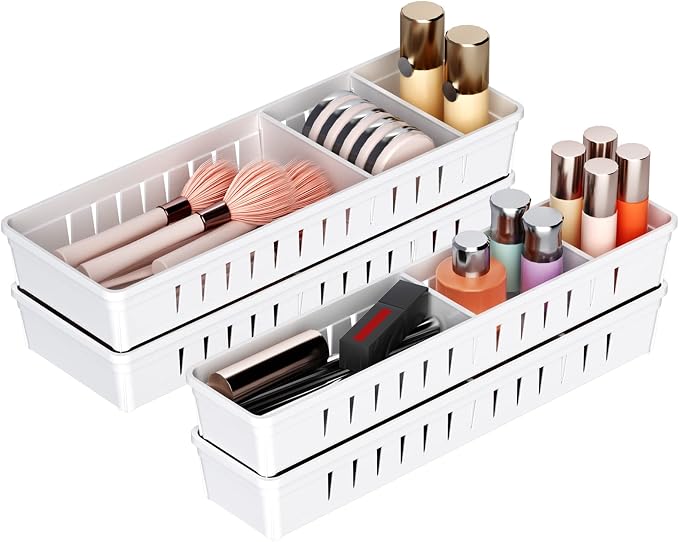 4 PCS Desk Drawer Organizer Tray, Office Drawer Organizer Bins | 8 pcs Dividers Adjustable, 16 pcs Non-Slip Silicone Pads, Makeup Vanity Organizer for Drawer, Plastic, White