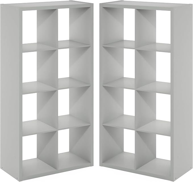 Furinno Cubicle Book Shelf Set of 2, 8-Cube Bookshelf, Light Grey | 14.6 x 30 x 57.9, Thick Frame, Horizontal & Vertical Reversible Bookcase, Open Back, for Living Room, Bedroom, Home Office