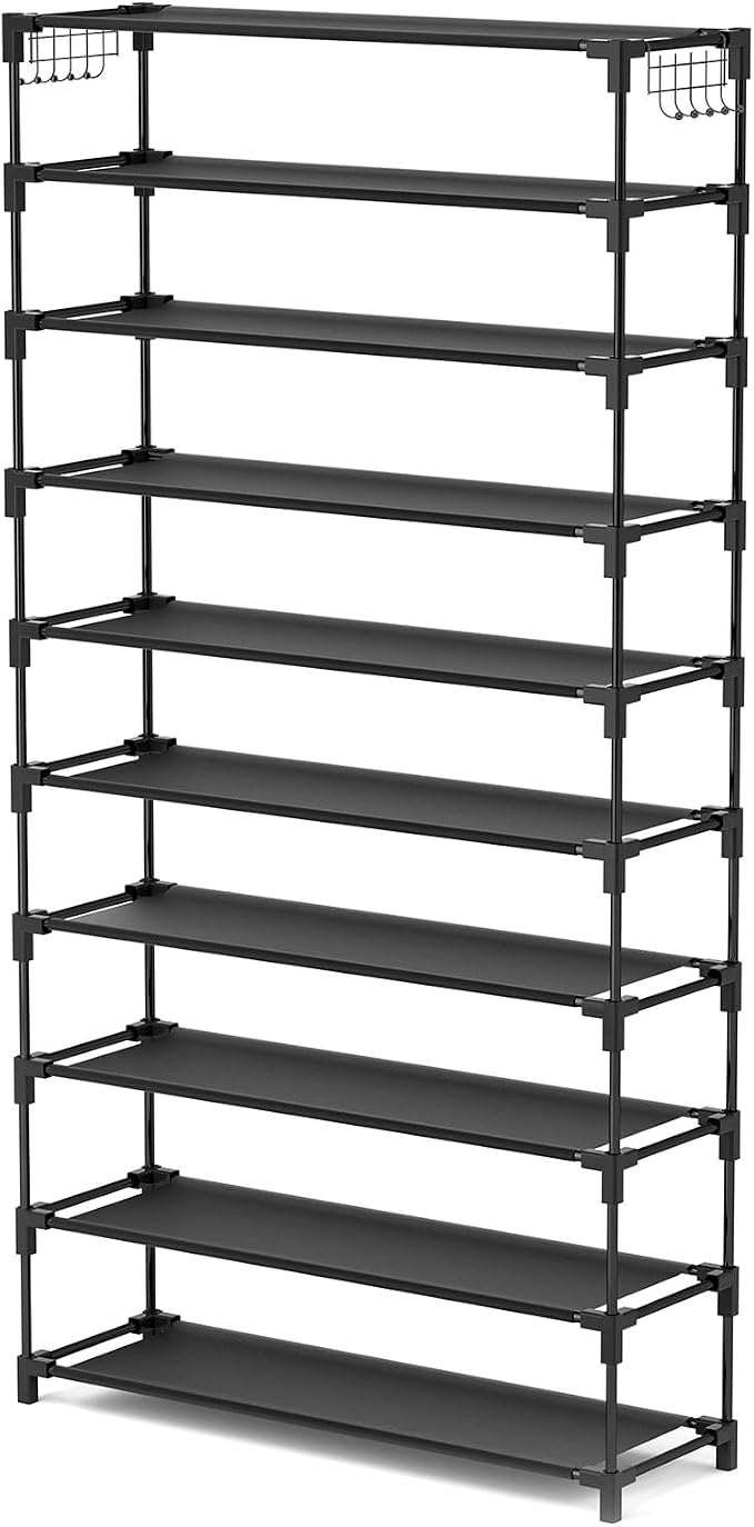 LANTEFUL 10 Tiers Shoe Rack 50 Pairs Large Capacity Tall Shoe Organizer Sturdy Shoe Storage with Two Hooks Space Saving Metal Wide Shoe Rack for Closet, Entryway, Bedroom, Black