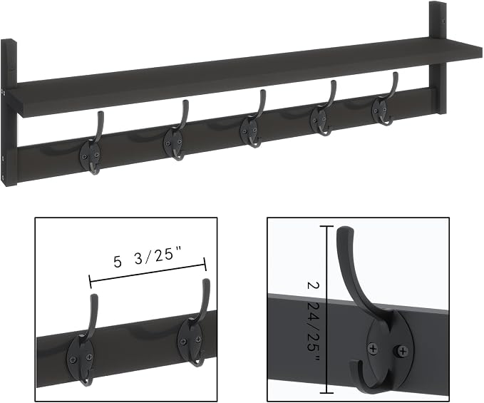 BAMEOS Wall-Mounted Shelf with Hooks - 28.9 Inch Entryway Hanging Shelf with 5 Dual Hooks for Bathroom, Living Room, Bedroom (Black)