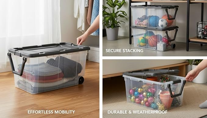 160-Quart Wheeled Stackable Storage Bin,Heavy-Duty Clear Plastic Container for Household & Garage Bulk Storage,Perfect for Outdoor Camping and Seasonal Organization, Gray 2-Pack