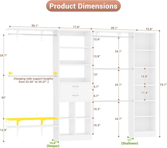 Besiost Closet System - 9.4FT/112" Closet Organizer System with Wooden Drawers,Closet Systems for Walk-In Closets with Hang Rods and Open Cabinet