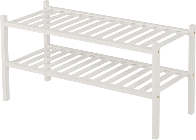 ROMGUAR CRAFT 2 Tier Bamboo Shoe Rack for Closet Free Standing Wood Shoe Shelf for Entryway Small Space Stackable 27"x11"x13" (White)