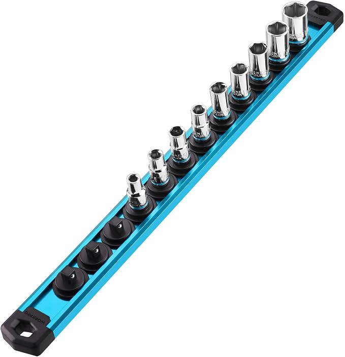 WORKPRO Magnetic Socket Organizer, Heavy Duty 1/4-Inch Drive Socket Rail | 1 Piece Socket Holder with 12 Spots, Aluminum Alloy, Rotatable & Movable Clips, Efficient Organization