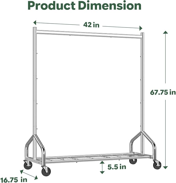 Simple Trending Heavy Duty Clothes Rack, Portable Closet, 420 LBS, Silver | Clothing Rack With Mesh Shelf, Industrial Garment Rack, Wardrobe Closet, 360°Lockable Wheels, for Bedroom, Laundry Room