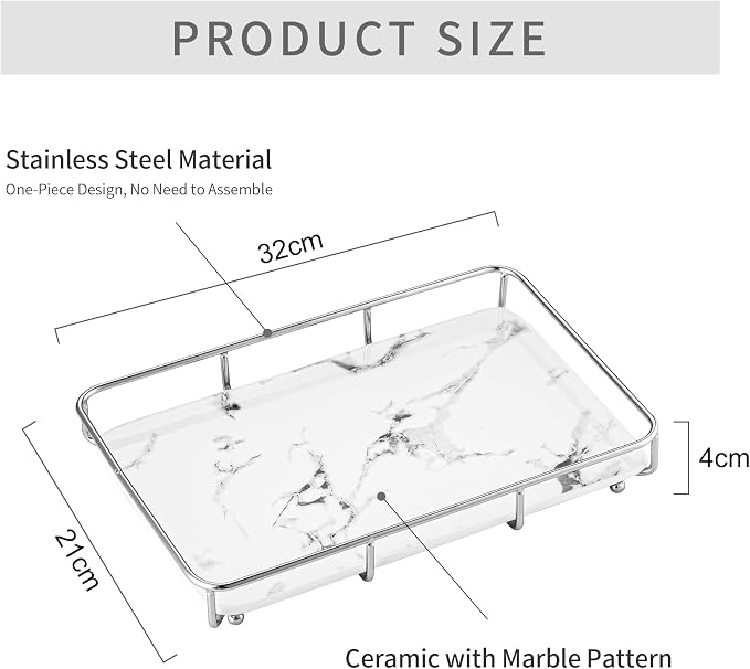 Dobbyby Vanity Tray Makeup Organizer Cosmetics Storage Bathroom Skincare Organizer Countertop Display Rack in Dresser Stainless Steel Shelf Marble Print Ceramic Trays