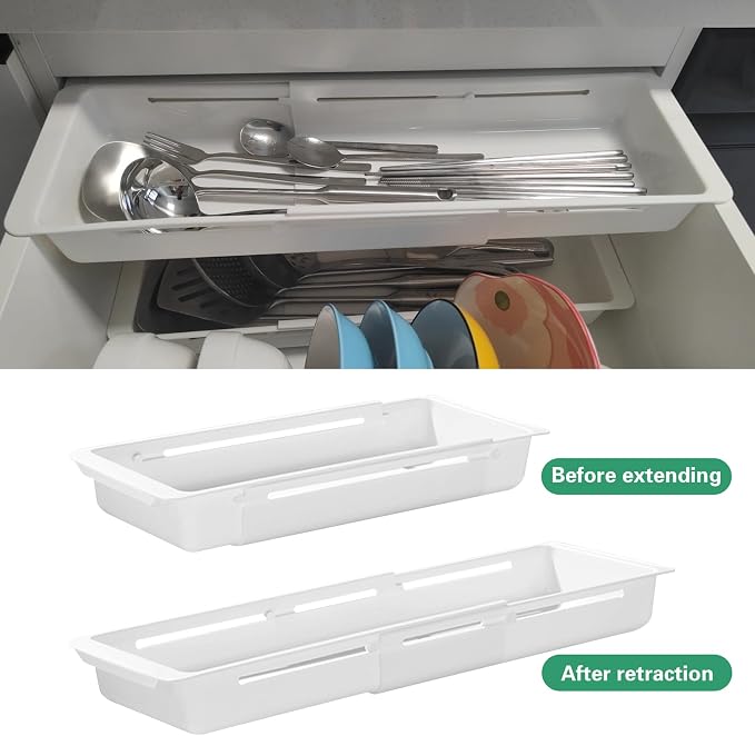 SnowTing 2 PCS Deep Drawer Organizer, 2 Sizes Expandable & Adjustable White Plastic Organizer, Sliding Drawer Storage Bins for Kitchen Utensils, Office Supplies, Cosmetics, Tools