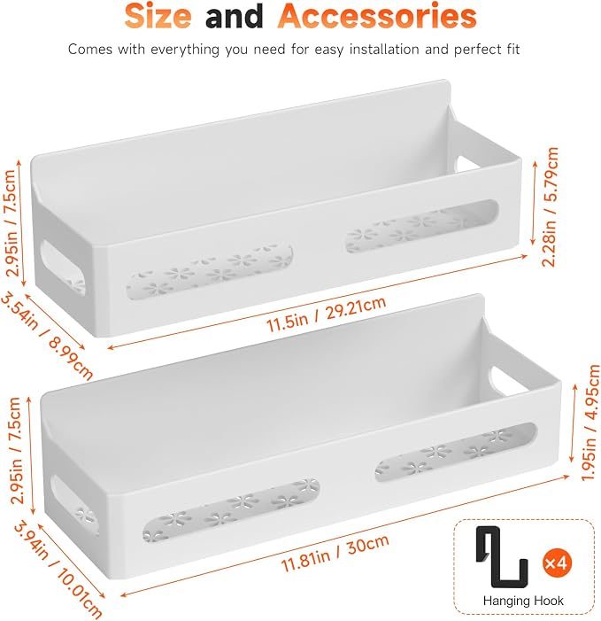 Sevenblue 2-Pack Magnetic Spice Rack for Refrigerator with Hooks, White | Strong multipurpose magnetic shelf for kitchen & bathroom organization. Includes 4 removable hooks for hanging items.