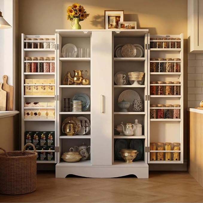 kepptory 47“ White Kitchen Pantry Cabinet with 3 Doors, Adjustable Shelves, | Pull-Out Side Spice Racks, Freestanding Food Storage Cupboard for Kitchen, Dining Room, Living Room