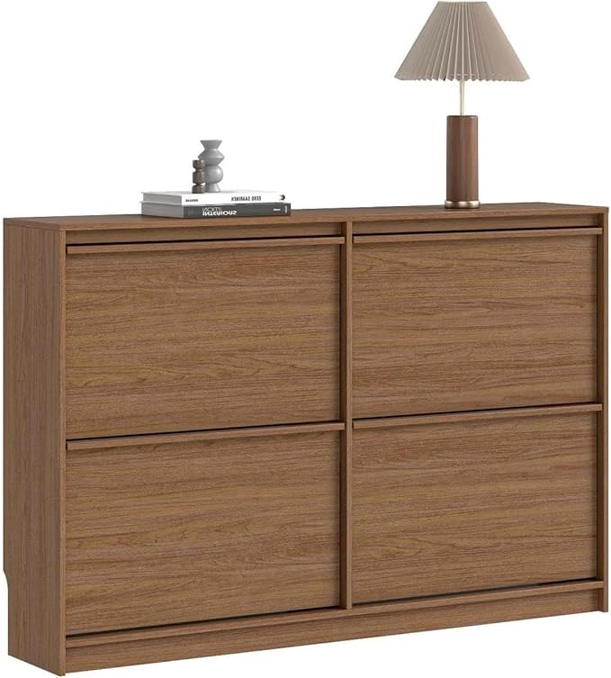 Shoe Storage Cabinet for Entryway with 4 Flip Drawers, Wooden Shoe Organizer Cabinet with Adjustable Shelf, Slim Freestanding Shoe Rack for Entryway, Hallway, Living Room, Walnut