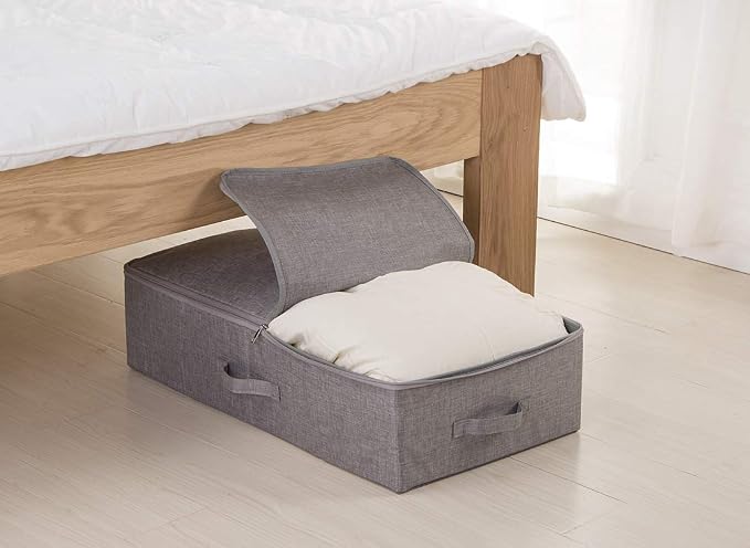 Under Bed Clothing Storage Organizer Boxes with Lid, Dark Gray | Underbed Storage Basket Container, 27.5*15.7*7", Folding, Rigid Sturdy Fabric Bins, 3-Size Zipper, Washable,space saving