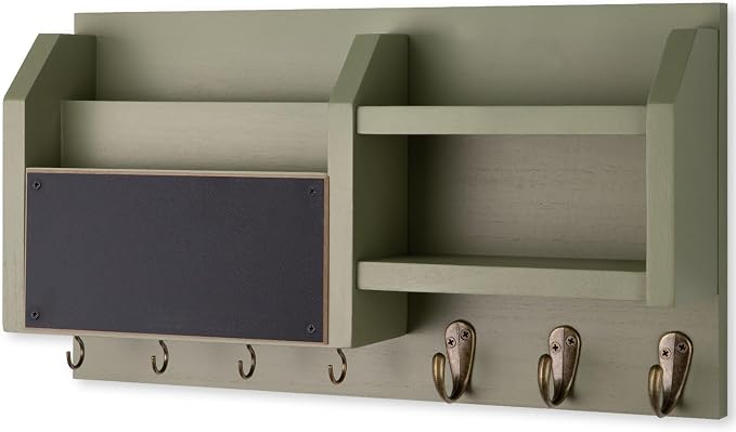 Lwenki Mail and Key Holder – Wall Mount Key Hanger with Shelf and 7 Metal Hooks – Decorative Natural Paulownia Wood Entryway Organizer with Mounting Hardware (16.5”W x 8.7”H x 3.5”D) (Sage-Green)