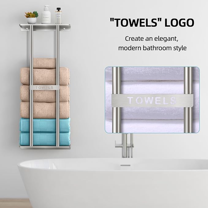 STWWO Bathroom Towel Storage for Bathroom, Wall Towel Rack for Rolled Towels, 30 inch Towel Holder Wall Mounted with Metal Shelf Can Holds 6 Large Towels, Brushed Nickel