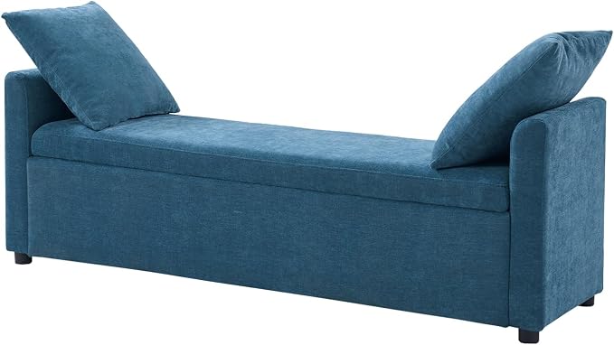 HULALA HOME 59" Storage Bench with 2 Throw Pillows & Armrests, Teal | Modern Long Bedroom Bench for End of Bed, Comfy Upholstered Fabric Footstool for Entryway Living Room