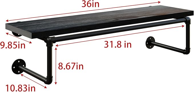 Clothes Rack 36in, Wall Mounted Garment Racks with Real Black Wood Shelf, Heavy Duty Hanging Clothes Rack, Multi-Purpose Hanging Rod, Space-Saving Closet Storage
