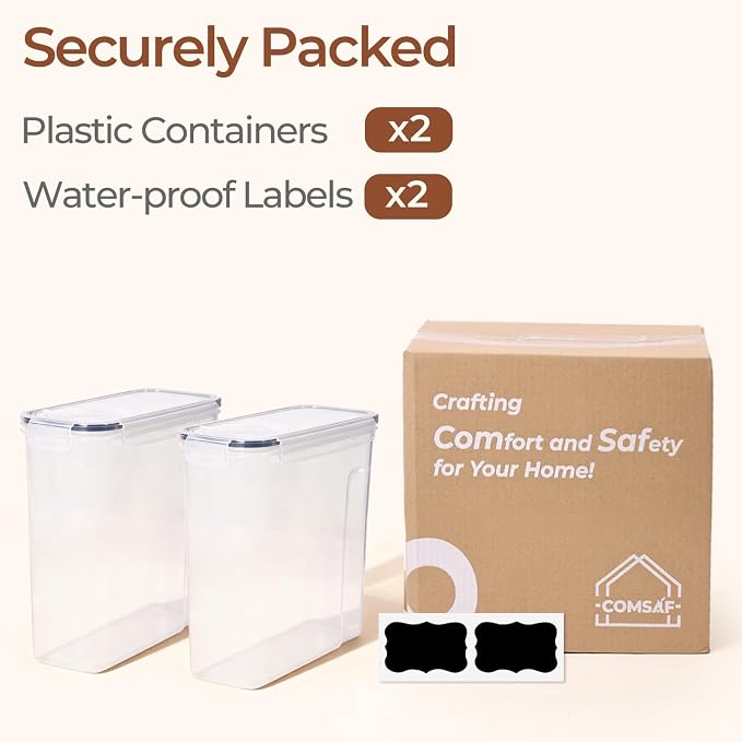 ComSaf Airtight Cereal Storage Containers with Lids 6.7Qt 2Pack, Easy Pour | Plastic Food Canister, Cereal Rice Oats Beans, Pantry Kitchen Cabinet, Dispenser with Label, Spout, Large Capacity, BPA-free