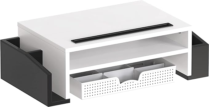Simple Houseware Desk Monitor Stand Riser w/ Adjustable Tray, Black/White | Built-In Tablet Slot and Side Storage