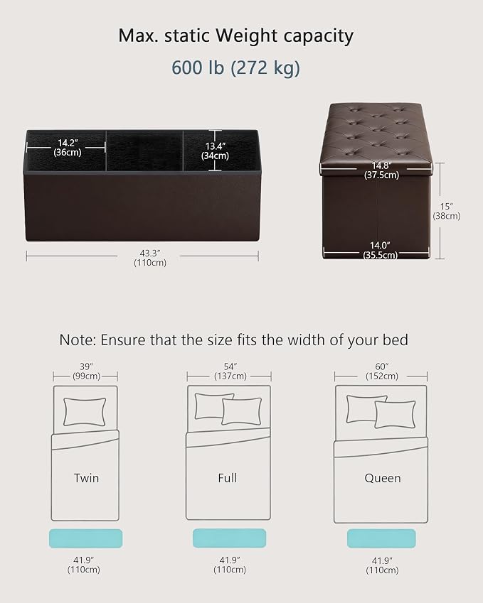 GLAXYFUR 43" Storage Ottoman Bench, Folding Ottoman with 2 Dividers, Brown | End of Bed Bench, PU Leather Foot Rest, Storage Chest for Living Room, Bedroom and Entryway