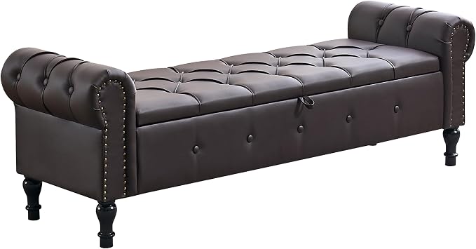 Storage Bench 67" Faux Leather End of Bed Benches Dark Brown | King Size Storage Bench for Bedroom with Rolled Arms Tufted Ottoman Benches Upholstered Bench for Living Room Entryway