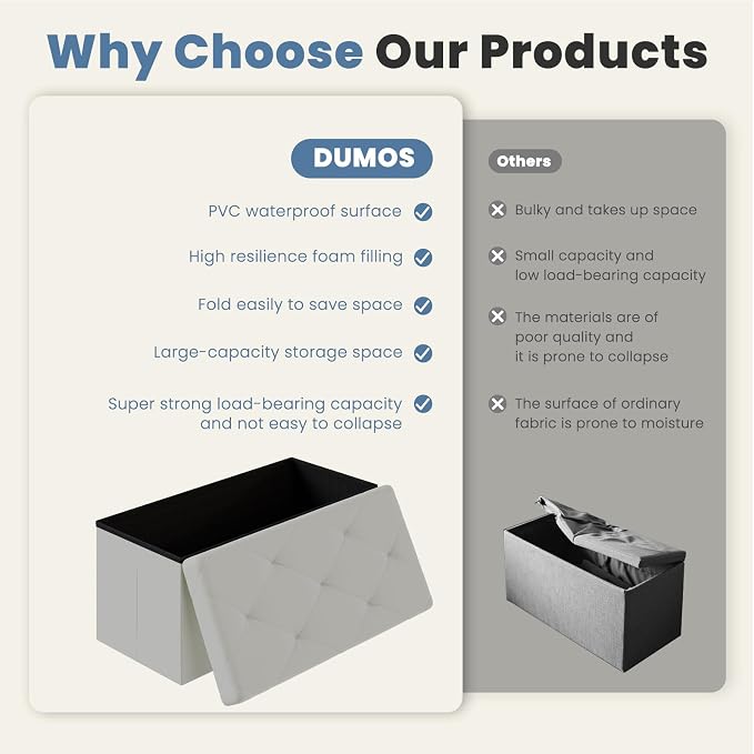 DUMOS 30 Inch Folding Ottoman with Storage Bench, Foot Rest Stool Ottoman | Upholstered End of Bed Storage Bench, Storage Ottoman Loads 660 Lbs for Bedroom, Living Room, Synthetic Leather, Gray