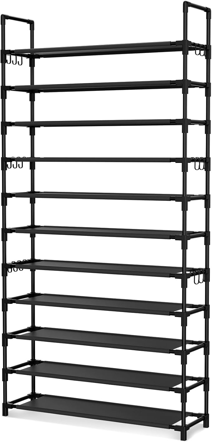 LANTEFUL 11 Tiers Tall Shoe Rack Holds 55 Pairs of Shoes with 18pcs Hooks Sturdy Wide Shoe Organizer Storage Free Standing Metal Shoe Shelf for Closet, Entryway Black