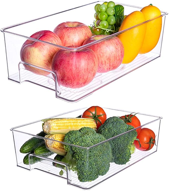 SANNO Vegetable Refrigerator Organizer Food Bins with lids Large Stackable Fridge Clear Organizers Kitchen Cabinet Organizer for Freezer, Kitchen, Countertops, Cabinets Pantry Storage Bins,set of 2
