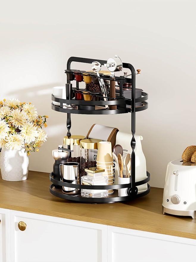 Rotating Makeup Vanity Organizer, 360 Spinning Perfume Organizer | 2-Tier Black Bathroom Countertop Organizer, Lazy Susan Counter Shelf Skincare Storage, Perfume Stand with Makeup Brush Holder