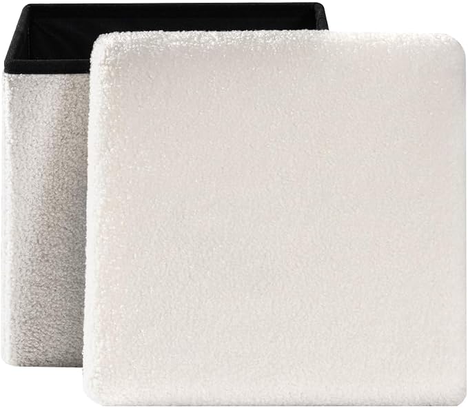 PINPLUS Storage Ottoman Cube Square Shaped Ottomans with Storage Foot Stool Footrest for Lving Room Boucle Ottoman Seat for Dorm Room,Faux Teddy Fur White,12.6"x12.6"x12.6"