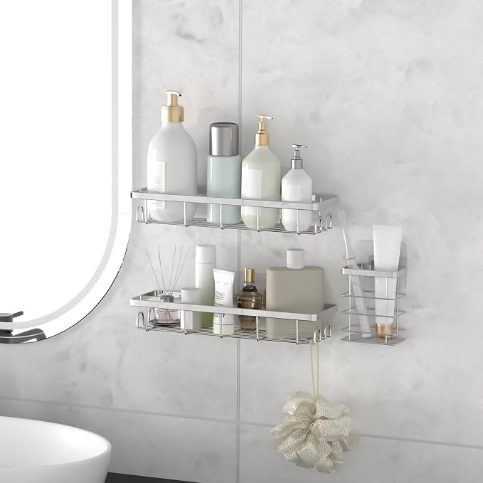 Shower Caddy Organizer with Hooks,Self Adhesive Bathroom Shelves,No Drilling Bathroom Organizers and Storage,Perfect for RV, Apartment, Home Decor,Silvery 4PCS