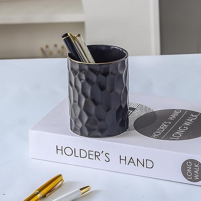 Ceramic Aesthetic Pen Holder for Desk Cute Pencil Holder Cup Pot Desk Organizer for Men Women Makeup Brush Holder Toothbrush Holder (Black)