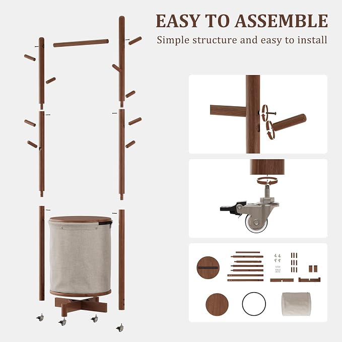 CycleCrew Solid Wood Coat Rack with Fabric Basket - Freestanding Coat Rack Rolling Coat Tree with 9 Hooks Wheels, Small Clothes Rack For Entryway Bedroom Hallway Living Room