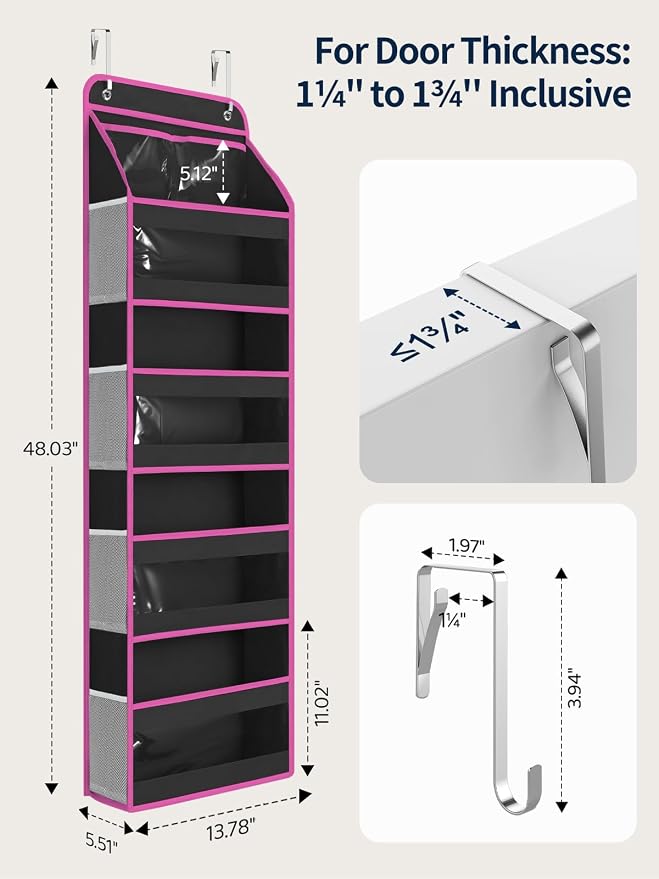 Yecaye 5 Tier Over the Door Organizer, Swing-proof Door Organizer Hanging with Clear PVC Windows, Behind the Door Storage for Bedroom Nursery Closet Laundry Pantry Bathroom, Pink and Black