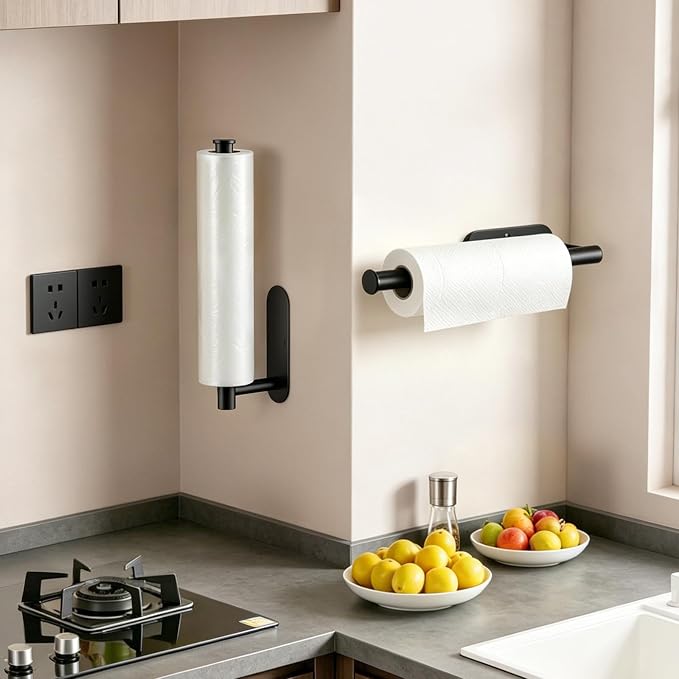 Paper Towel Holder, 2-Pack US304 Stainless Steel Wall Mount Rack, Self-Adhesive No Drilling, Rustproof Space Saving Under Cabinet Mount, Organizer for Kitchen, Bathroom, RV, Pantry (Black)