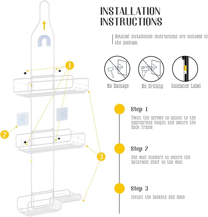Skyapex Shower Caddy Hanging Bathroom Organizer: Over Head Adjustable Rack for Tall Showerhead - Extra Large Storage Shelf for Big Shampoo Bottles with Soap Holder (White)