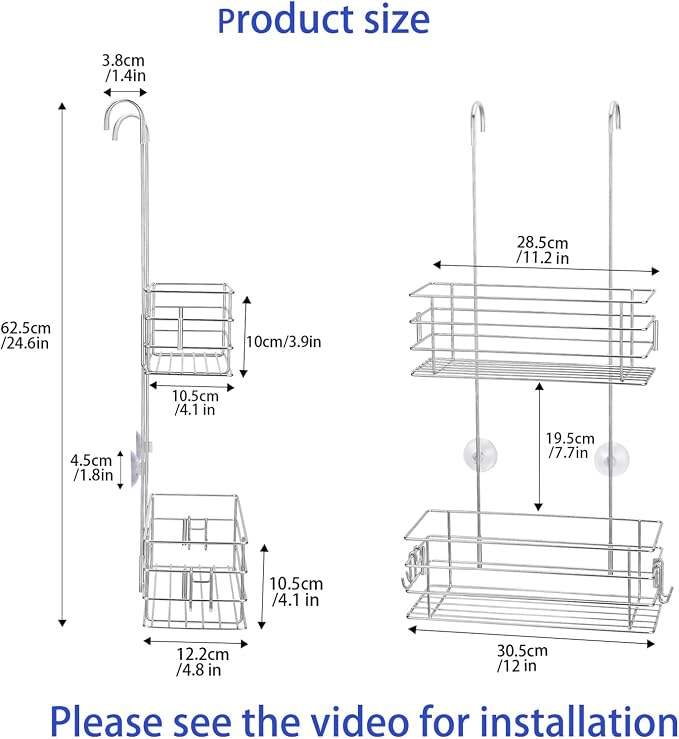 2-Tier Shower Caddy Hanging Shower Organizer Rack with Hooks Over The Door