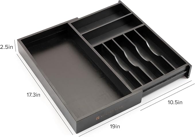 KitchenEdge Silverware & Utensil Drawer Organizer, 10.5-19 in, Black Bamboo | Cutlery, flatware, food-safe contract grade, kitchen drawer fit