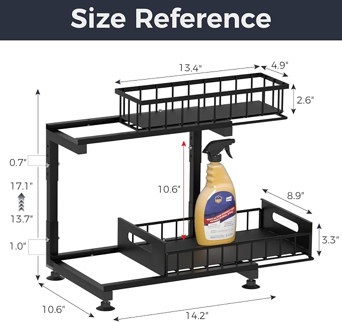 L-Shaped Under Sink Organizer, 2-Tier Pull-out Cabinet Rack 1-Pack | Black Height-Adjustable Metal Rack, Sliding Grid Drawers with Safety Stopper, Holds 100 Lbs, Ideal Kitchen Cabinet Storage