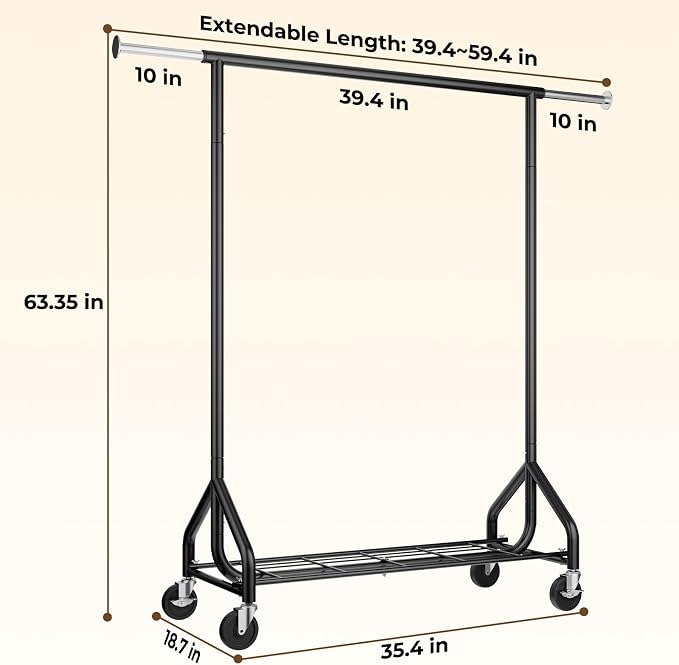 HYSEYY Heavy-Duty 450LBS Capacity Metal Clothes Rack,Rolling Clothing Rack with Wheels & Shelves, Portable Standing Wardrobe Rack for Hanging Clothes, Black (Black, L)