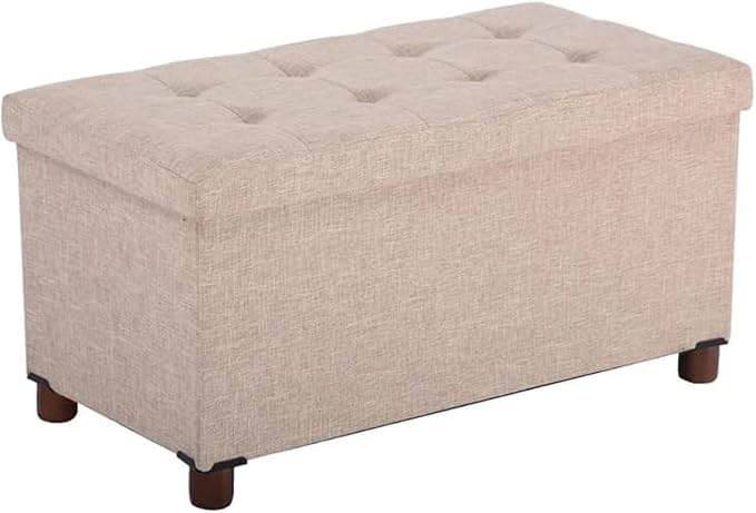 30 Inches Storage Ottoman Bench, Storage Bench with Wooden Legs for Living Room Ottoman Foot Rest Removeable Lid for Bedroom End of Bed, Linen Fabric, Folding Beige Ottoman