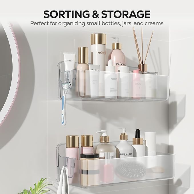 Nieifi Adhesive Shower Shelves, Clear, 2 Pieces | Rustproof ABS, Large Capacity, Removable Design, Easy-Clean, No Drilling Shower Organizer for Bathroom Storage & Home Decor