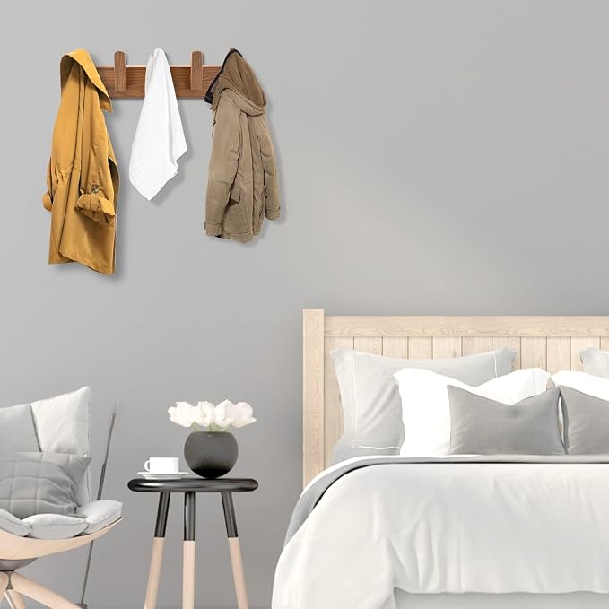 Wood Coat Rack Wall Mount with 5 Hooks, 17'' Hole to Hole Wall Coat Rack for Hanging Coat Jacket Backpack, Natural Wall Coat Hook