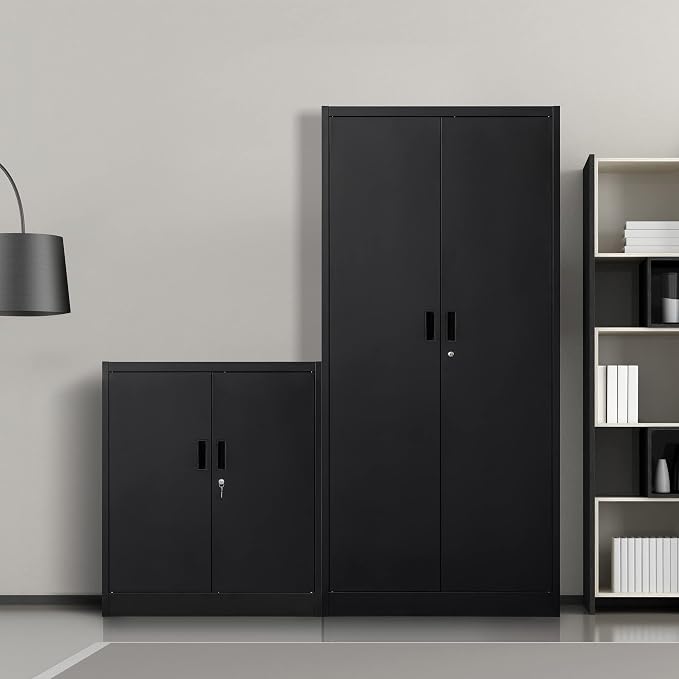 Wanfu Metal Storage Cabinet, 36" H Locking Storage Cabinet with 2 Adjustable Shelves, Metal Cabinets for Garage, Home, Office, Utility Room-Black