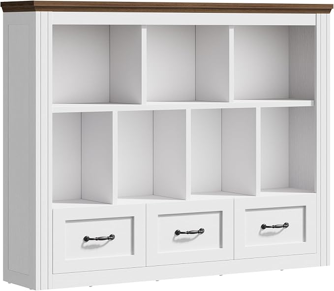 10 Cube Bookshelf Set of 2, Wooden Cubby Storage Organizer, Farmhouse Short Bookcase, Cube Shelf Bookcase with 3 Drawers, 3 Tiers Floorstanding Open Bookshelf, White and Walnut