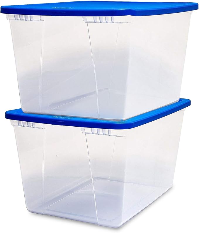 HOMZ Snaplock Clear Plastic Bin 56 Quart/14 Gallon | Storage Tote with Secure Lid | for Home, Office, Garage, Dorm Room Organizer | Stackable & Nestable | Blue Lid, Pack of 2
