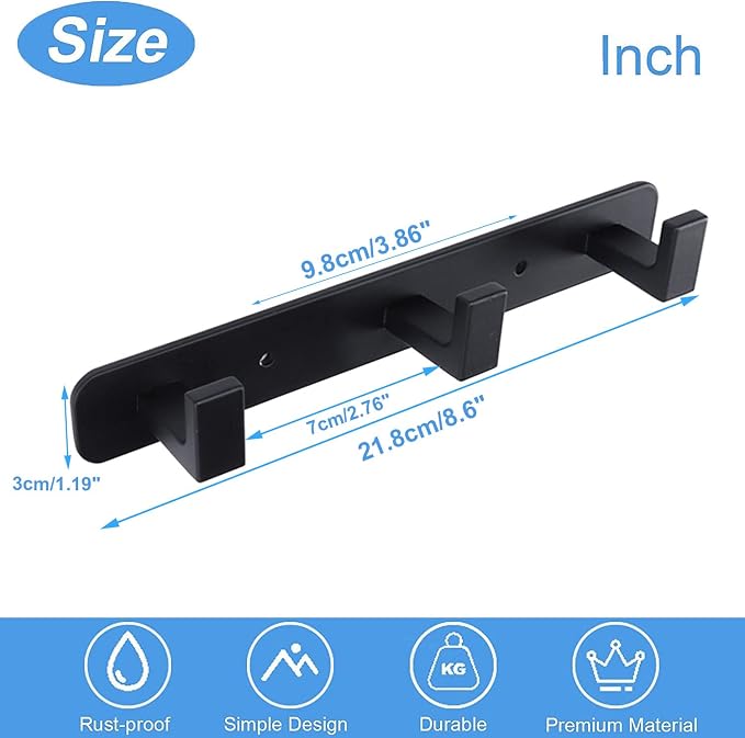 Coat Rack, Heavy Duty Stainless Steel 3 Tri Coat Hook Hanger, Wall Mounted Wall Hooks, Rustic Clothes Hook/Key Hook Rail for Bathroom Kitchen Entryway(2 Pack, 3 Hook Black)