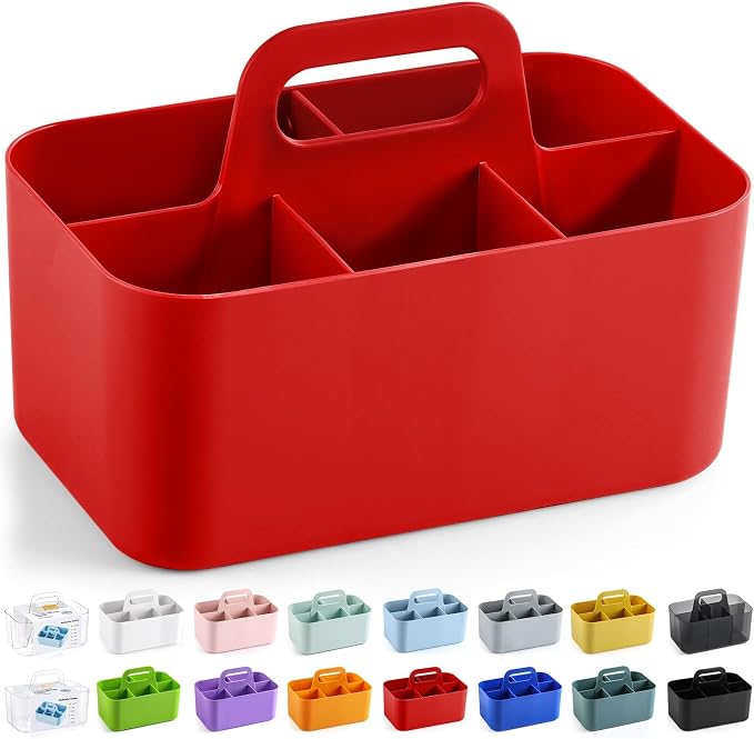 Multiuse Caddy Organizer with Handle, Portable Divided Plastic Tote Bin - Art Craft, Stationary Pen Marker Crayons, Makeup Hair Supplies Storage - Bathroom, Classroom, Dorm, Office, Desk Holder - Red
