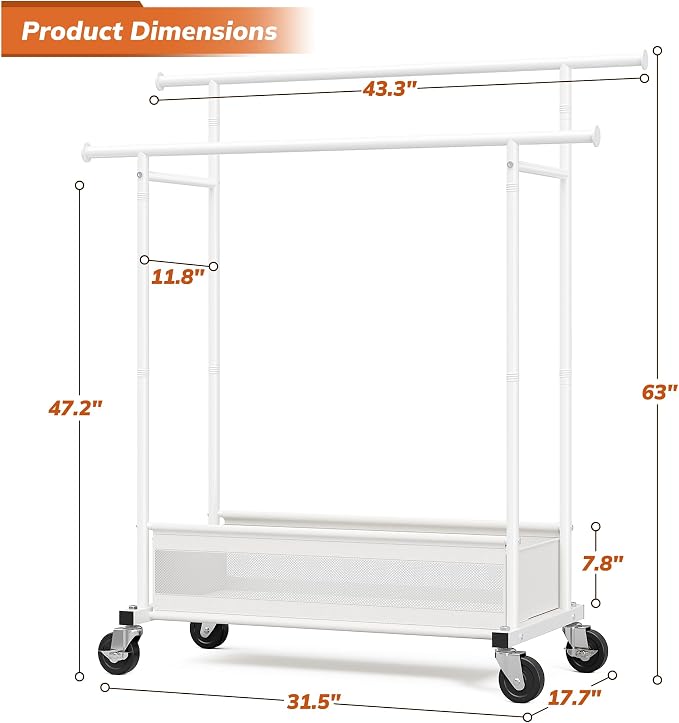 Clothes Rack 210 LBS Double Rods Extra Storage Basket | Rustproof Coated Steel, Anti-bending Design, 360° Sturdy Wheels, 10-Min Tool-Free Assembly, Metal Garment Rack for Home